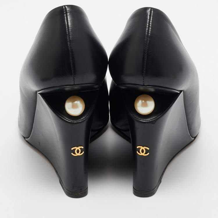Pre Owned Chanel Black Leather Pearl Embellished Wedge Round Toe Pumps Size 38