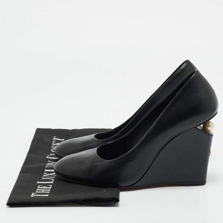 Pre Owned Chanel Black Leather Pearl Embellished Wedge Round Toe Pumps Size 38