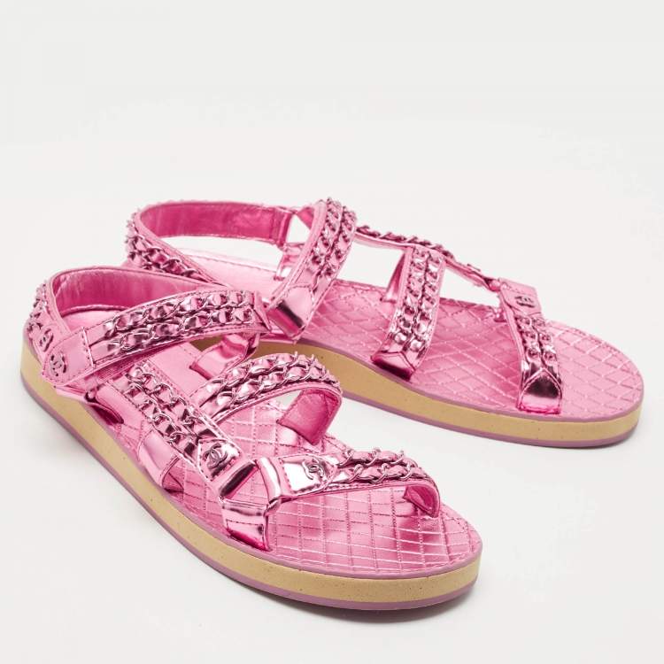 Pre Owned Chanel Pink Leather Dad Flat Sandals Size 40