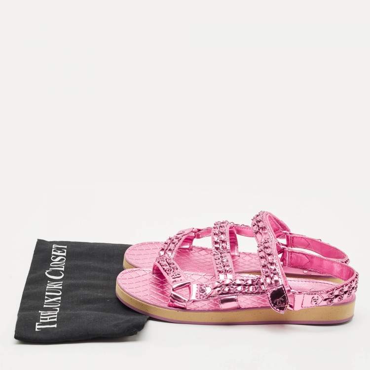 Pre Owned Chanel Pink Leather Dad Flat Sandals Size 40