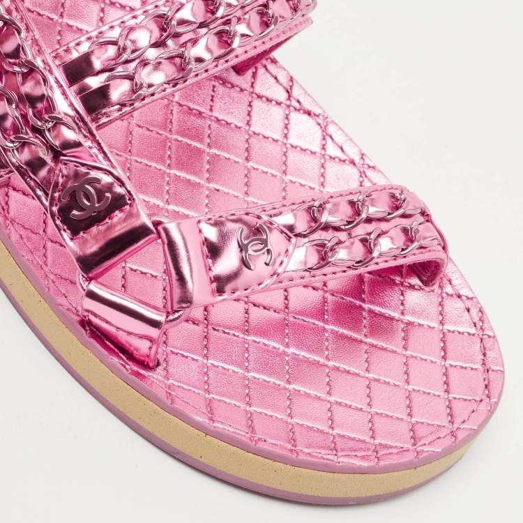 Pre Owned Chanel Pink Leather Dad Flat Sandals Size 40