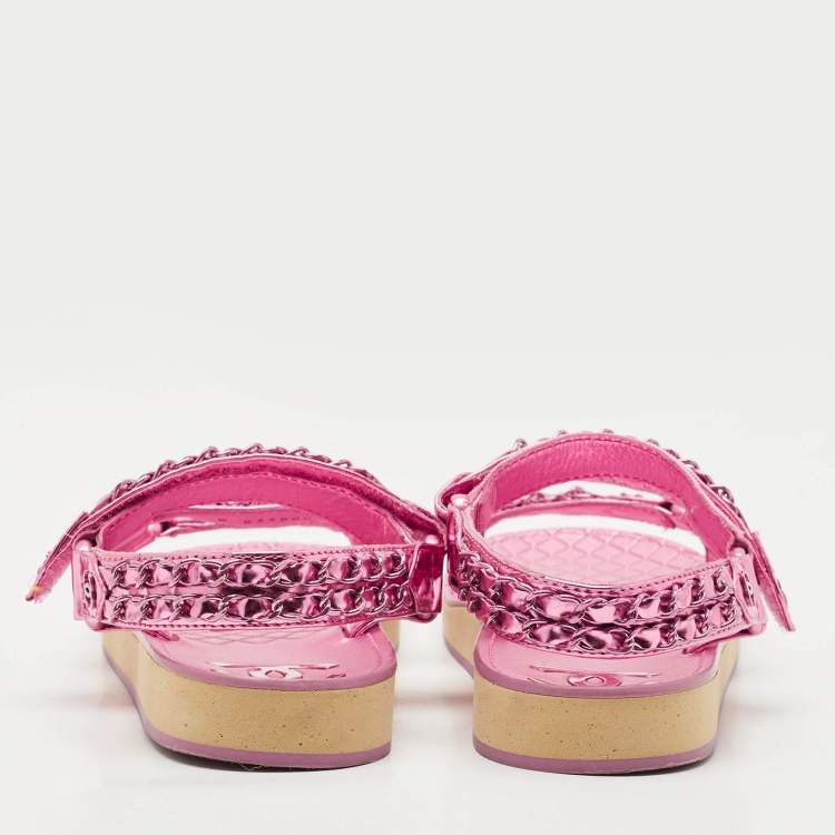 Pre Owned Chanel Pink Leather Dad Flat Sandals Size 40