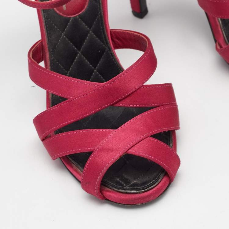 Pre Owned Chanel Pink Satin CC Ankle Strap Sandals Size 35