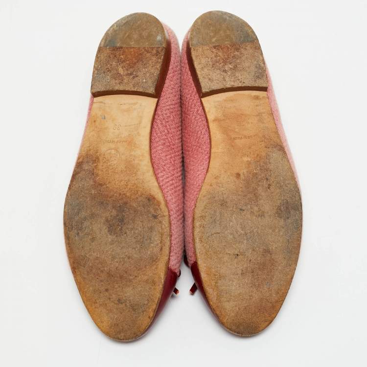 Pre Owned Chanel Pink/Burgundy Tweed and Leather CC Cap Toe Bow Ballet Flats Size 39