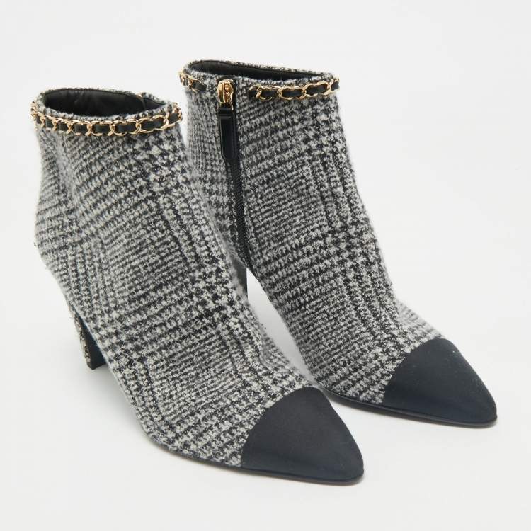 Pre Owned Chanel Black/White Plaid Check Tweed Pointed Cap Toe Ankle Boots Size 37.5