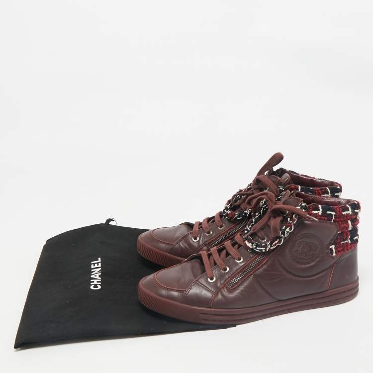 Pre Owned Chanel Burgundy Leather and Twee CC High Top Sneakers Size 41