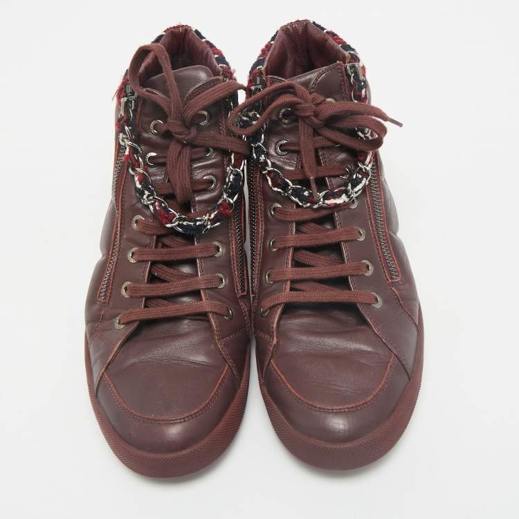 Pre Owned Chanel Burgundy Leather and Twee CC High Top Sneakers Size 41