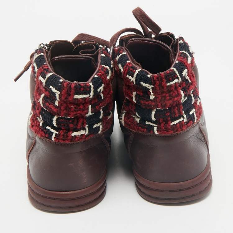 Pre Owned Chanel Burgundy Leather and Twee CC High Top Sneakers Size 41