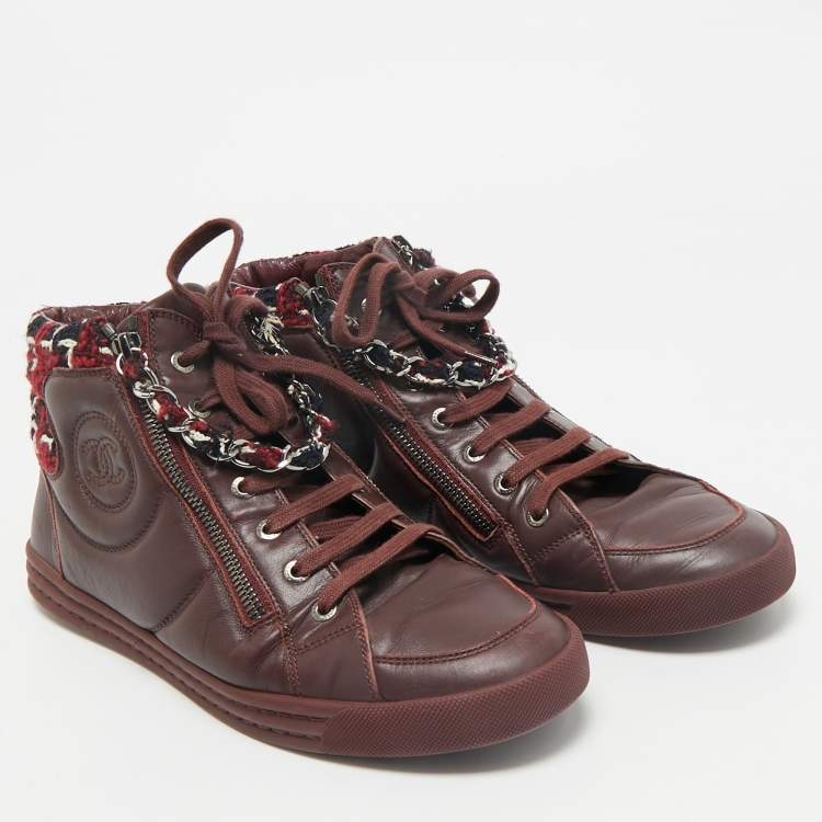 Pre Owned Chanel Burgundy Leather and Twee CC High Top Sneakers Size 41