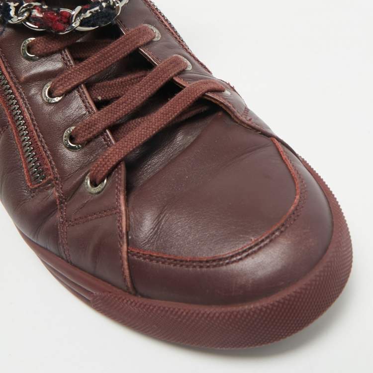 Pre Owned Chanel Burgundy Leather and Twee CC High Top Sneakers Size 41