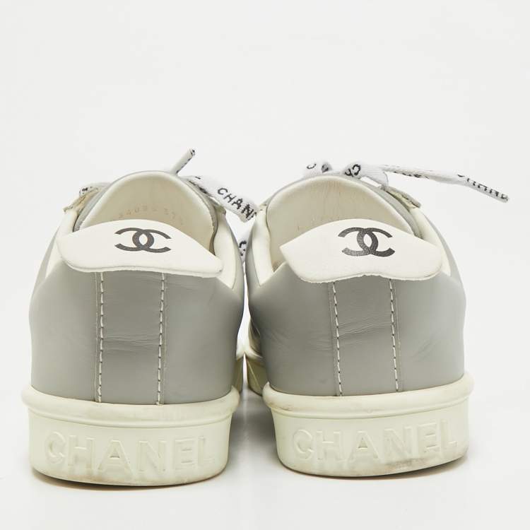 Pre Owned Chanel Grey/White Leather Weekender Sneakers Size 37.5