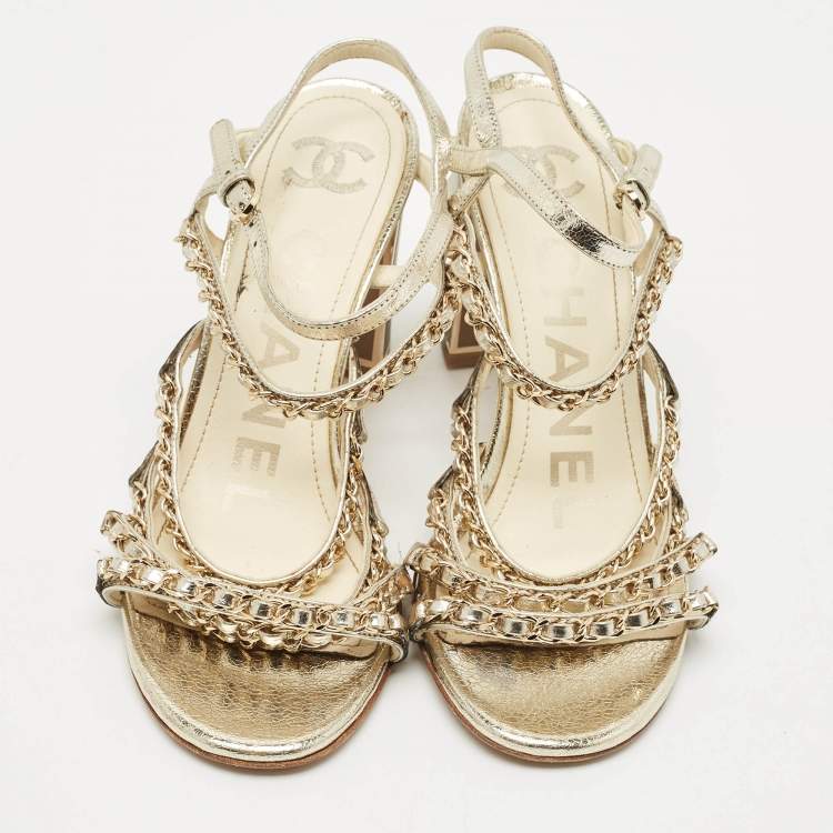 Pre Owned Chanel Gold Leather Chain Embellished Ankle Strap Sandals Size 39.5