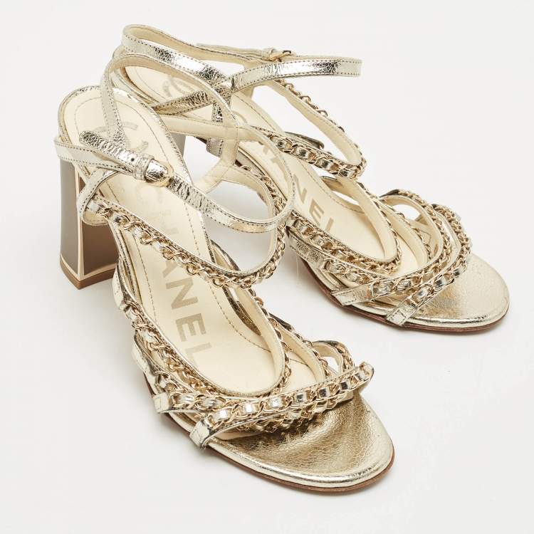 Pre Owned Chanel Gold Leather Chain Embellished Ankle Strap Sandals Size 39.5