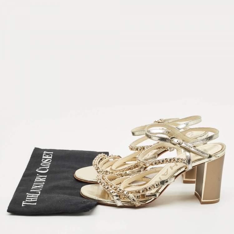 Pre Owned Chanel Gold Leather Chain Embellished Ankle Strap Sandals Size 39.5