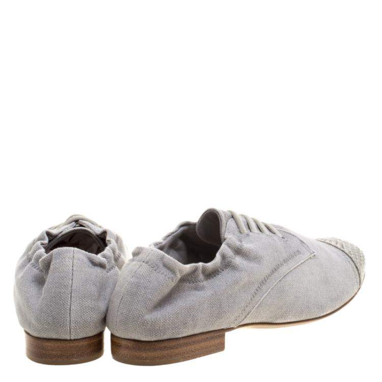Pre Owned Chanel Grey Canvas and Python Trim Cap Toe Scrunch Flats Size 37.5