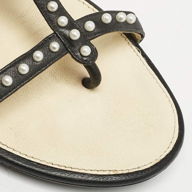 Pre Owned Chanel Black/Beige Leather Faux Pearl Embellished Flat Sandals Size 36