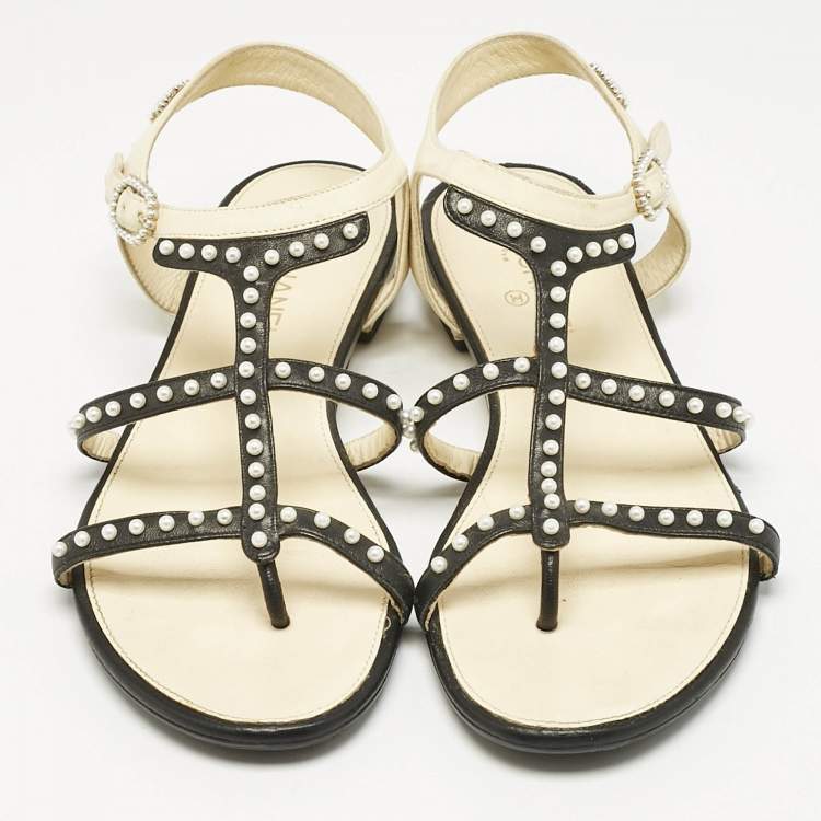 Pre Owned Chanel Black/Beige Leather Faux Pearl Embellished Flat Sandals Size 36