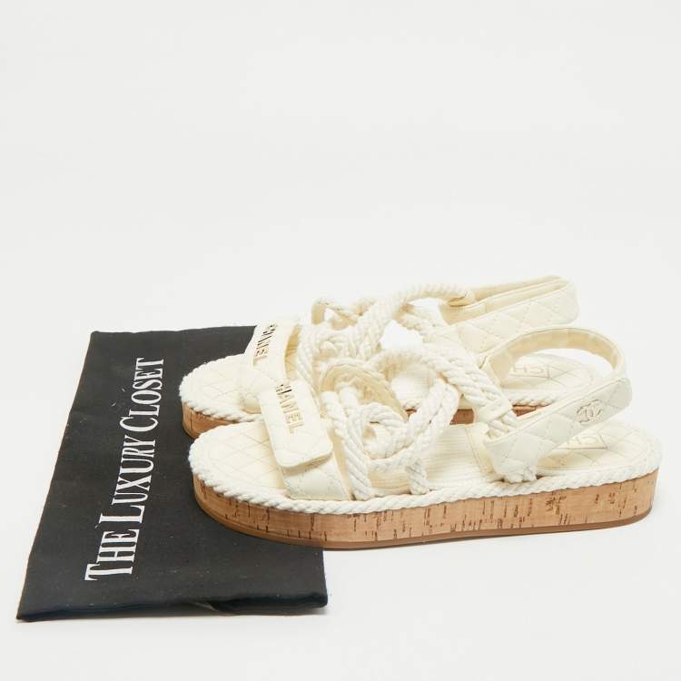 Pre Owned Chanel Off White Quilted Leather and Cord Flat Sandals Size 37