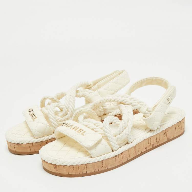 Pre Owned Chanel Off White Quilted Leather and Cord Flat Sandals Size 37