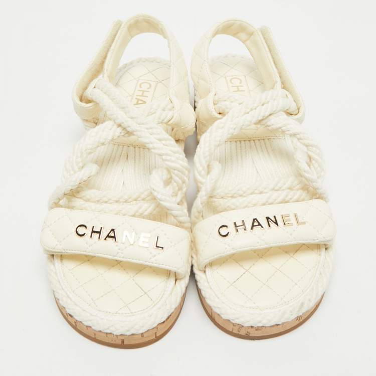 Pre Owned Chanel Off White Quilted Leather and Cord Flat Sandals Size 37