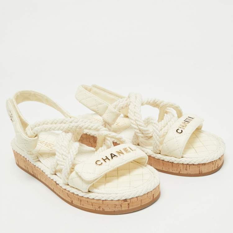 Pre Owned Chanel Off White Quilted Leather and Cord Flat Sandals Size 37