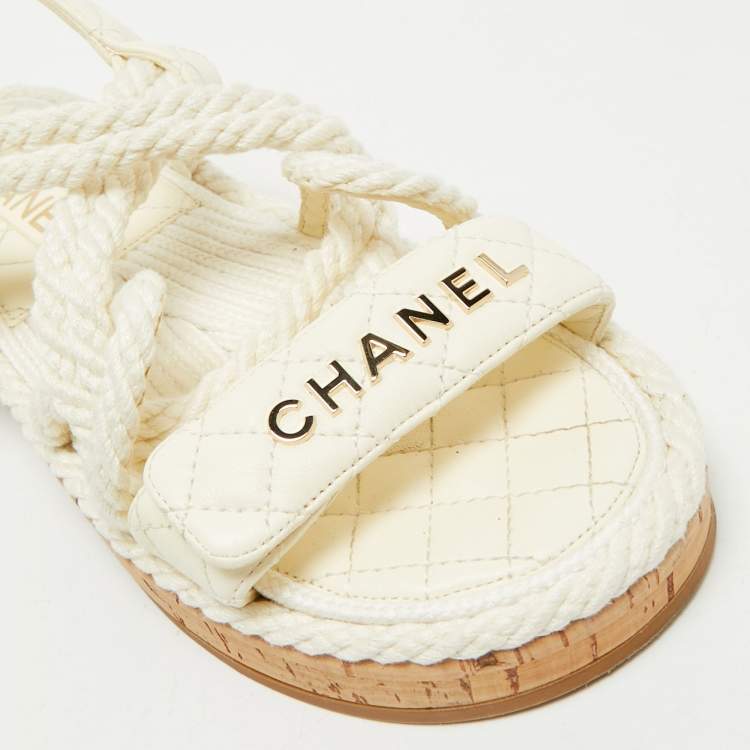 Pre Owned Chanel Off White Quilted Leather and Cord Flat Sandals Size 37