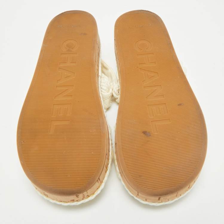 Pre Owned Chanel Off White Quilted Leather and Cord Flat Sandals Size 37