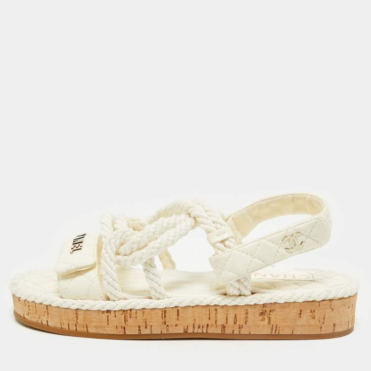 Pre Owned Chanel Off White Quilted Leather and Cord Flat Sandals Size 37