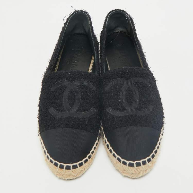 Pre Owned Chanel Black Tweed and Fabric CC Cap Toe Espadrille Flats Size 36