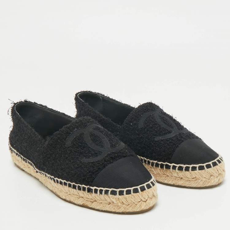 Pre Owned Chanel Black Tweed and Fabric CC Cap Toe Espadrille Flats Size 36