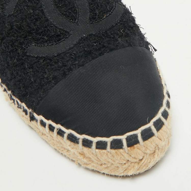 Pre Owned Chanel Black Tweed and Fabric CC Cap Toe Espadrille Flats Size 36