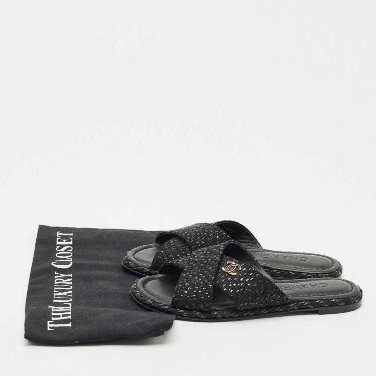 Pre Owned Chanel Black Glitter Fabric Crisscross CC Flat Slide Flats Size 35