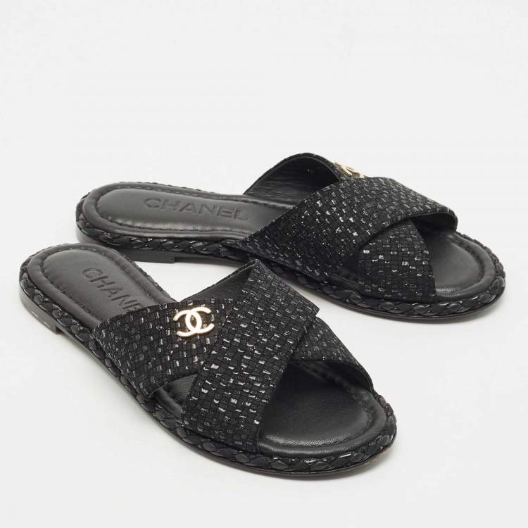 Pre Owned Chanel Black Glitter Fabric Crisscross CC Flat Slide Flats Size 35