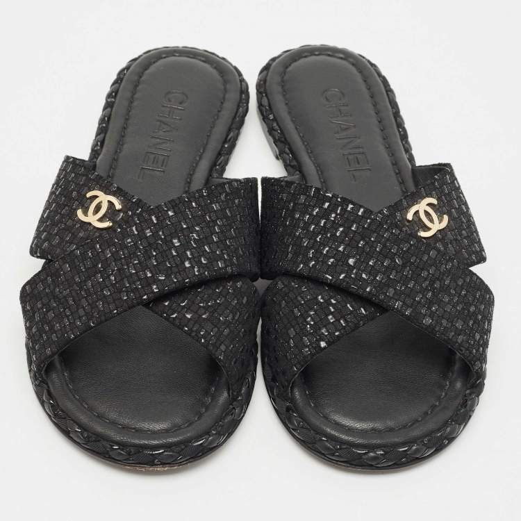 Pre Owned Chanel Black Glitter Fabric Crisscross CC Flat Slide Flats Size 35