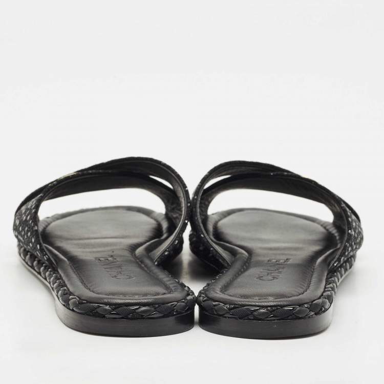 Pre Owned Chanel Black Glitter Fabric Crisscross CC Flat Slide Flats Size 35