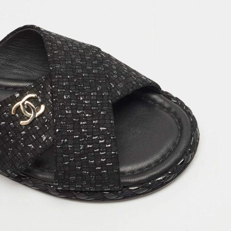 Pre Owned Chanel Black Glitter Fabric Crisscross CC Flat Slide Flats Size 35