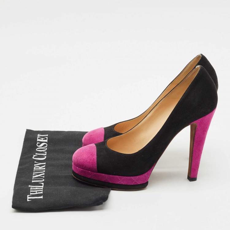 Pre Owned Chanel Black/Pink Suede CC Cap Toe Platform Pumps Size 38.5