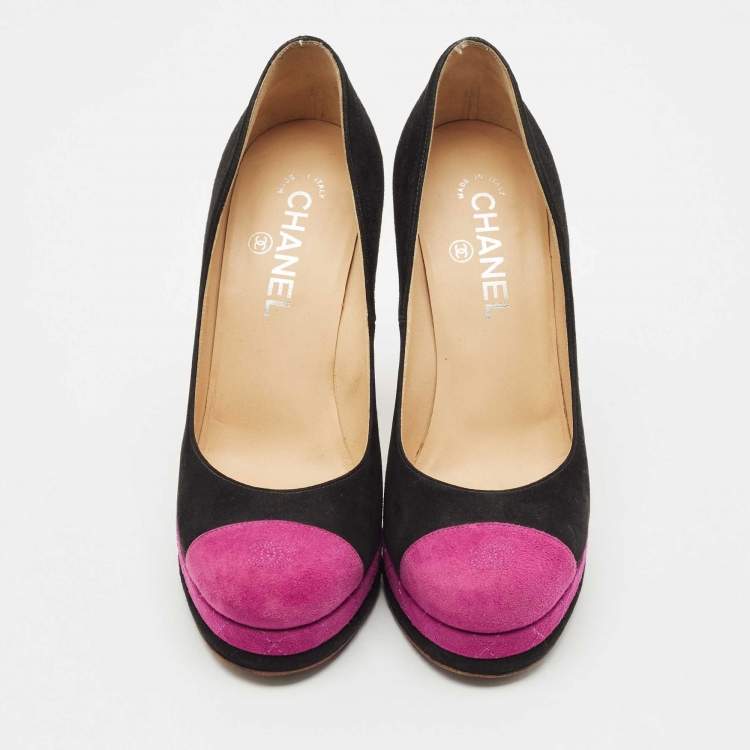 Pre Owned Chanel Black/Pink Suede CC Cap Toe Platform Pumps Size 38.5