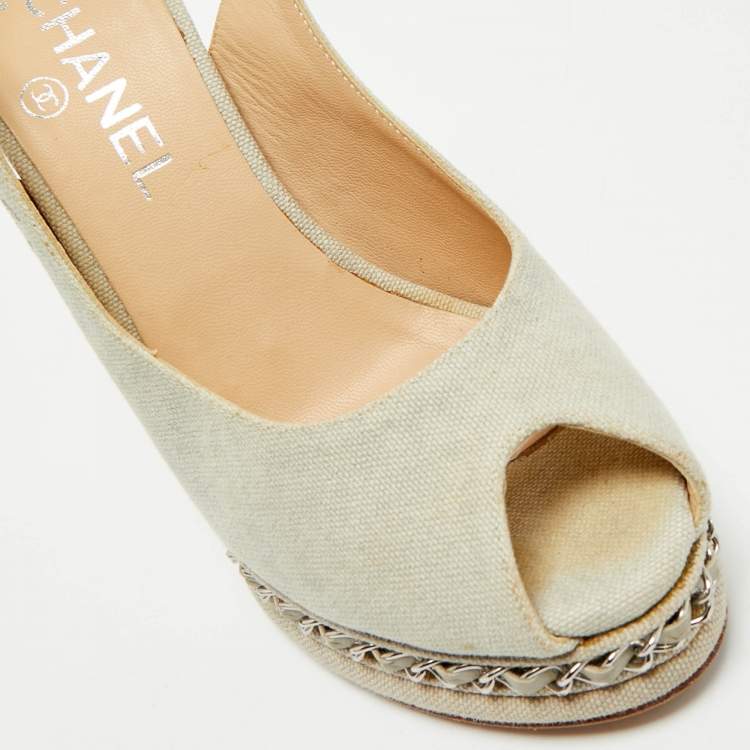 Pre Owned Chanel Grey Canvas Peep Toe Slingback Platform Sandals Size 37.5