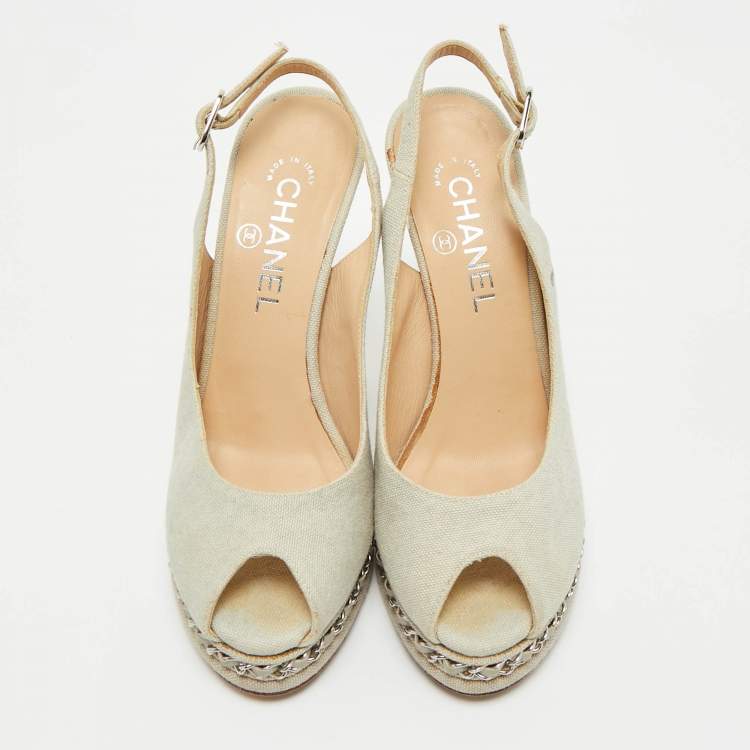 Pre Owned Chanel Grey Canvas Peep Toe Slingback Platform Sandals Size 37.5