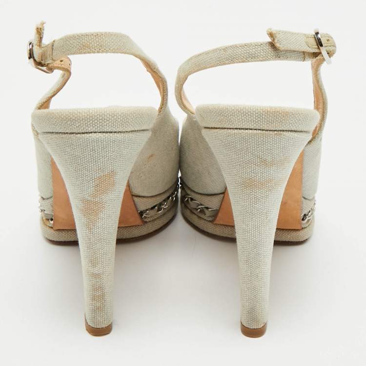 Pre Owned Chanel Grey Canvas Peep Toe Slingback Platform Sandals Size 37.5