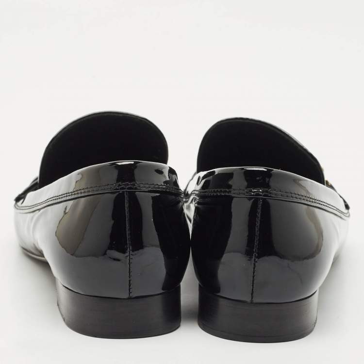 Pre Owned Chanel Black Patent Leather CC Slip On Loafers Size 39