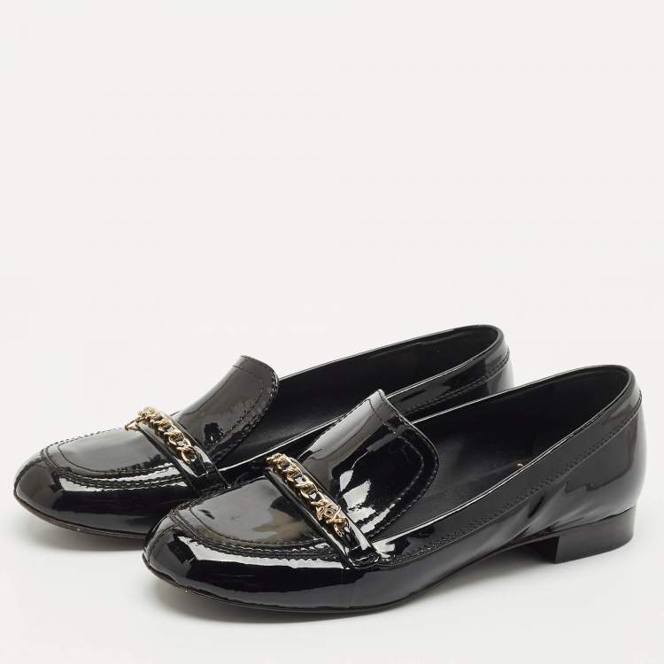 Pre Owned Chanel Black Patent Leather CC Slip On Loafers Size 39