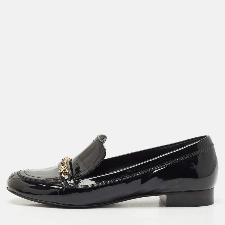 Pre Owned Chanel Black Patent Leather CC Slip On Loafers Size 39