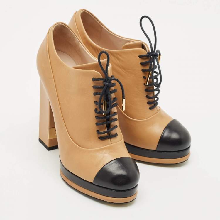Pre Owned Chanel Beige/Black Leather Cap Toe Platform Ankle Boots Size 38.5