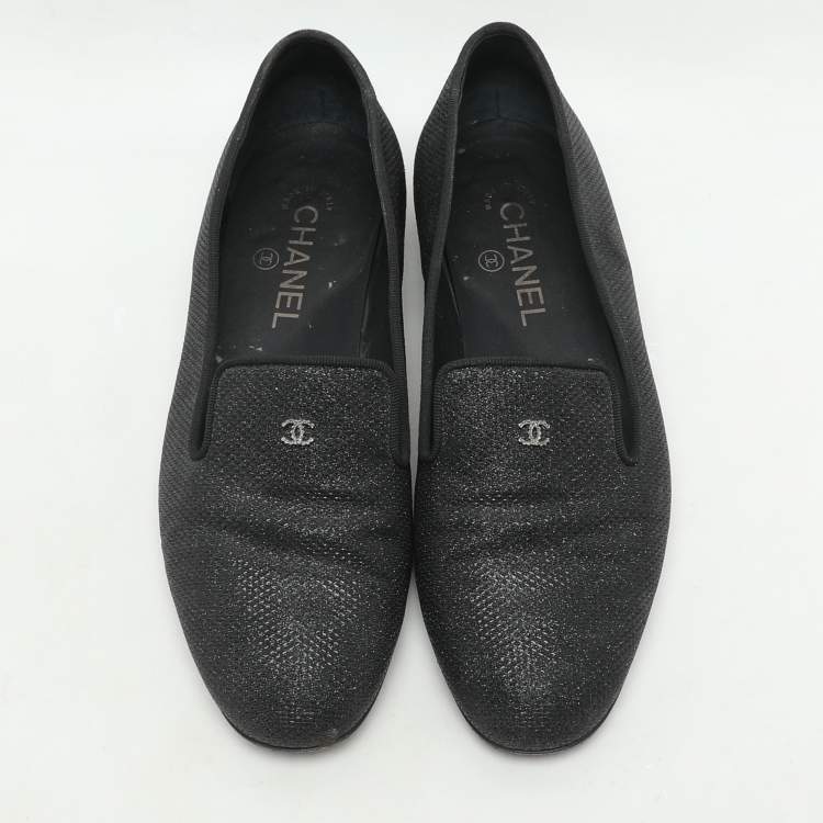 Pre Owned Chanel Black Lame Fabric CC Moccasins Size 39