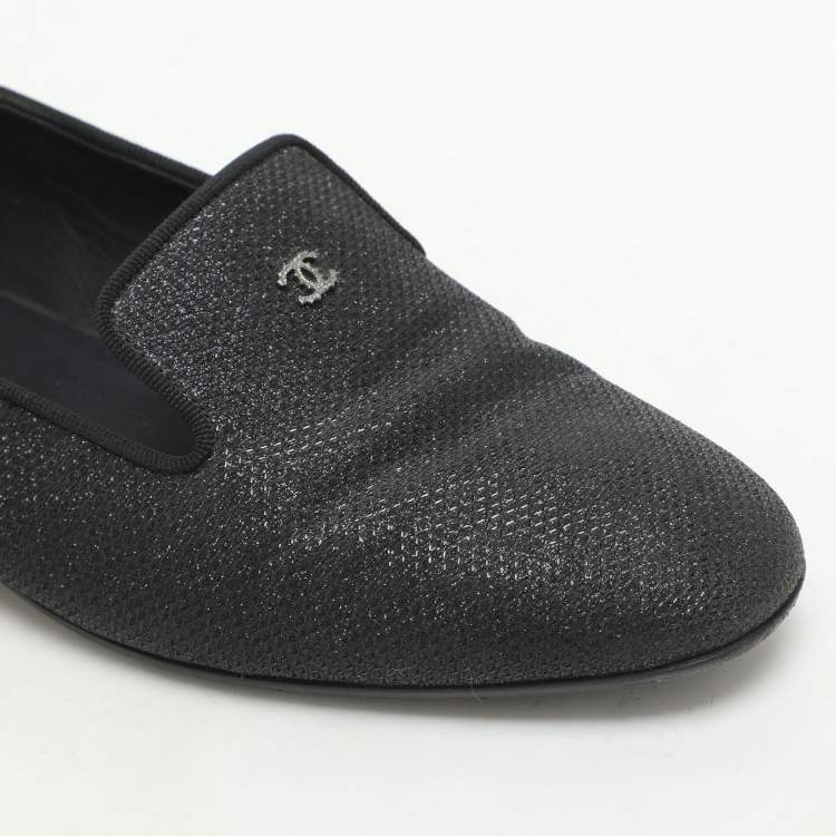 Pre Owned Chanel Black Lame Fabric CC Moccasins Size 39
