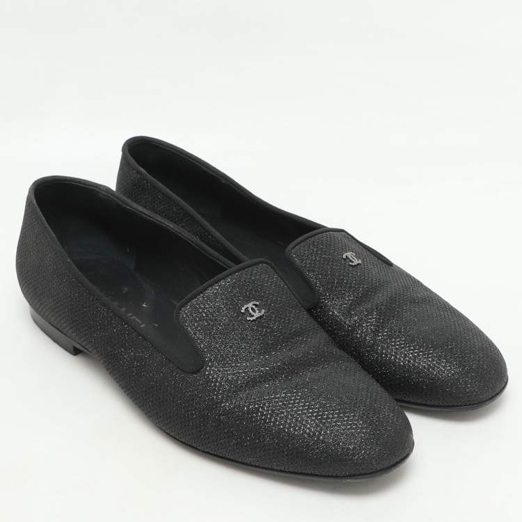 Pre Owned Chanel Black Lame Fabric CC Moccasins Size 39