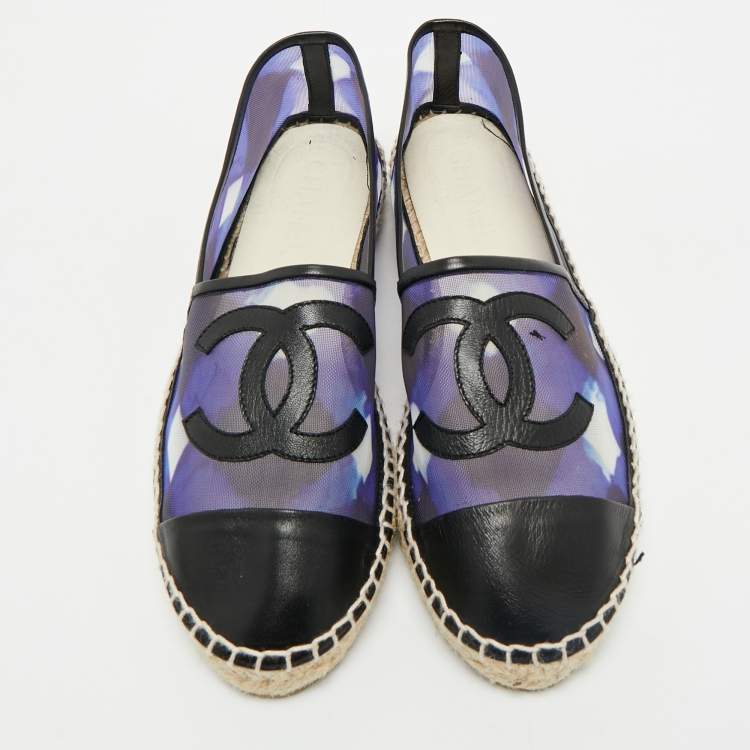 Pre Owned Chanel Purple/Black Mesh and Leather Interlocking CC Espadrille Flats Size 39