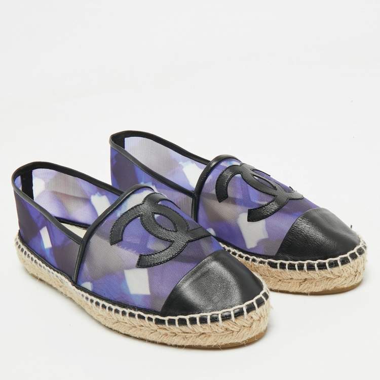 Pre Owned Chanel Purple/Black Mesh and Leather Interlocking CC Espadrille Flats Size 39